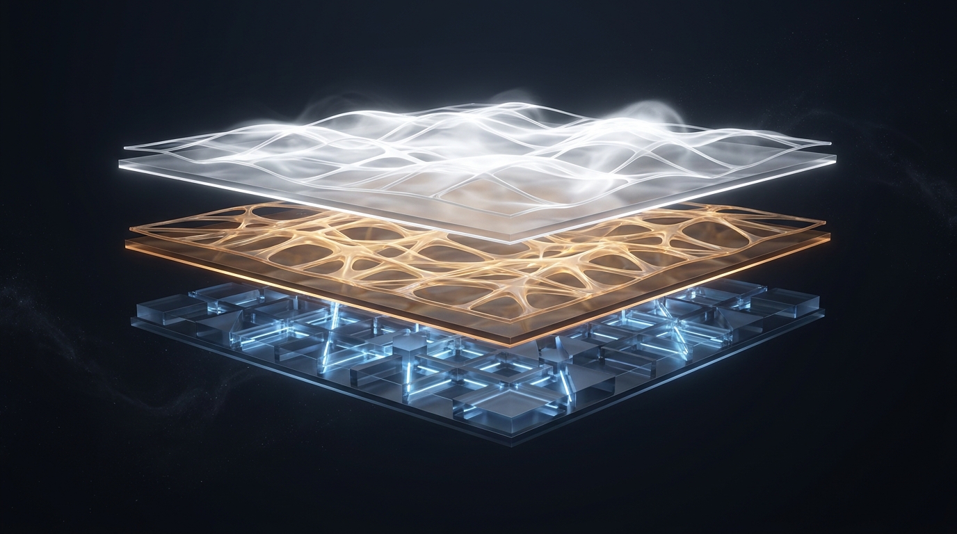 Three distinct glowing layers of abstract geometric forms stacked in perspective, representing native automation, third-party tools, and full autonomy in Google Ads AI