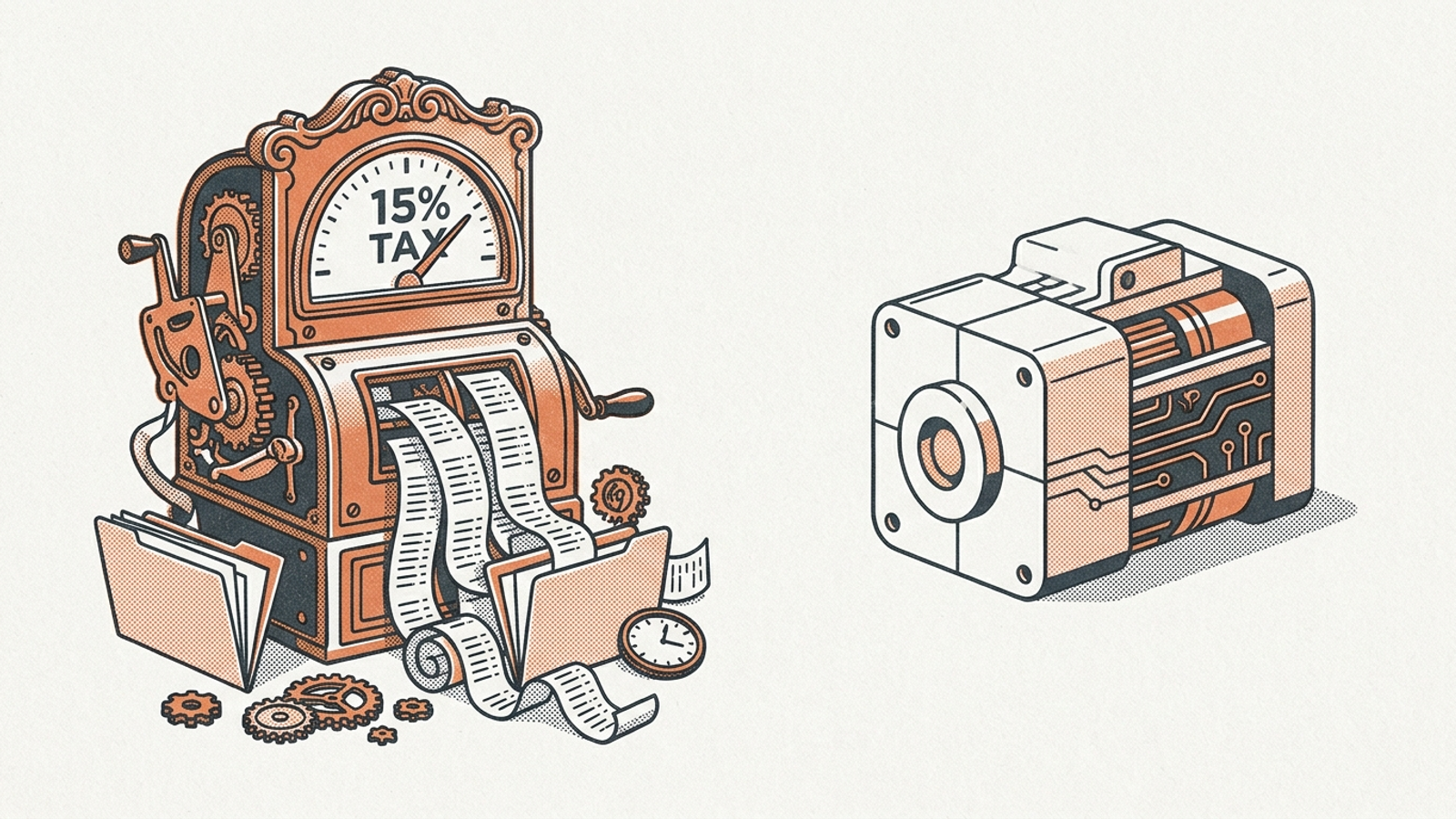 A two-tone line-art illustration comparing an escalating ad-spend tax meter with a streamlined engine block.