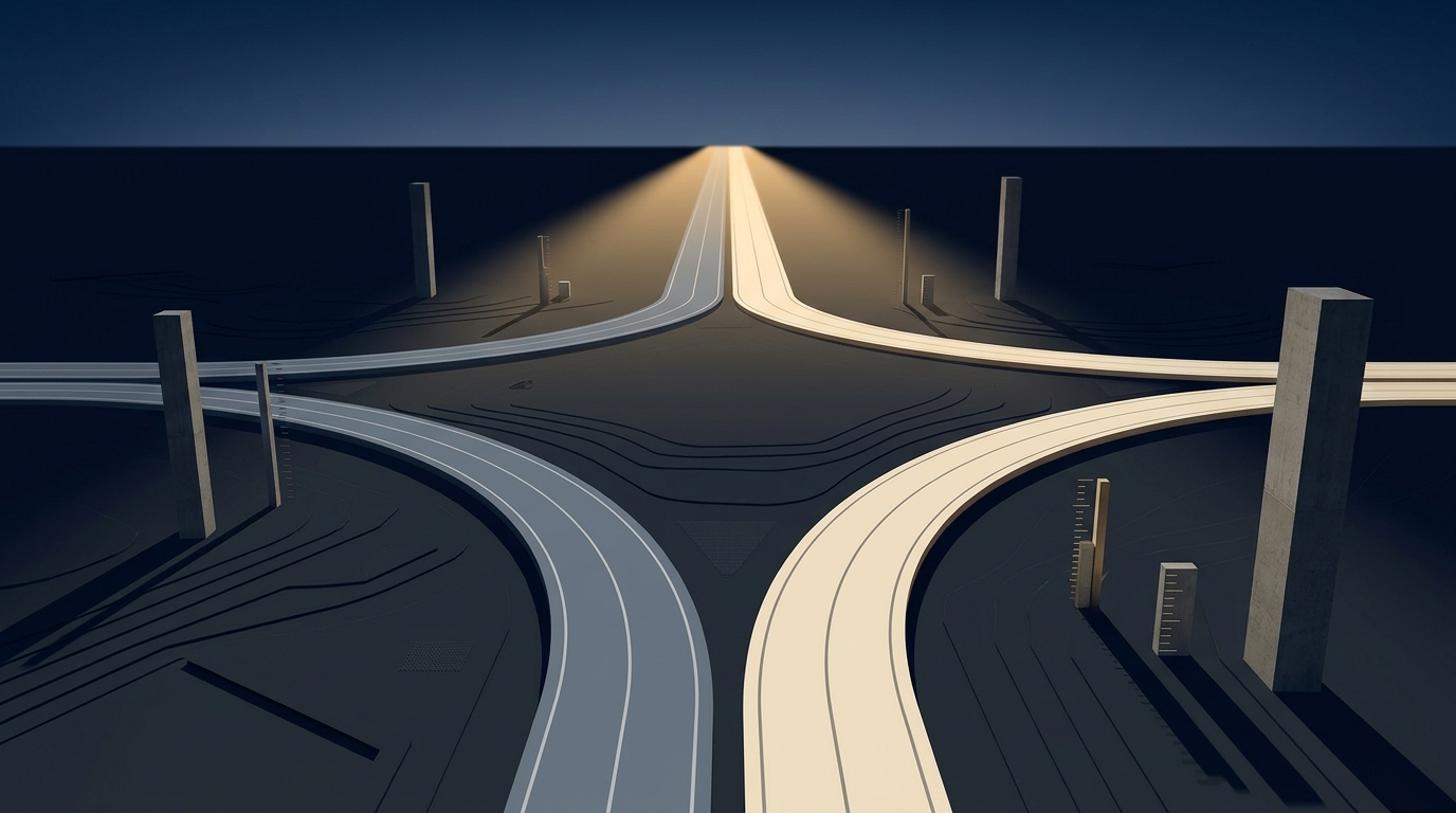 Two diverging paths on a stark modernist landscape converging toward a single illuminated route, symbolizing agency comparison and a clear superior choice