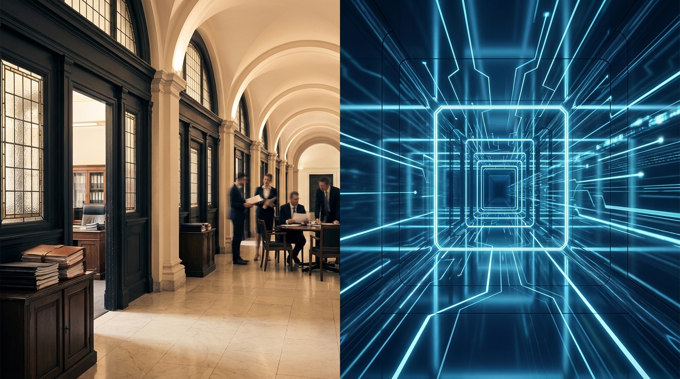 Two contrasting paths on a split landscape: one winding road lined with traditional office buildings, one sleek automated corridor glowing with precision and control