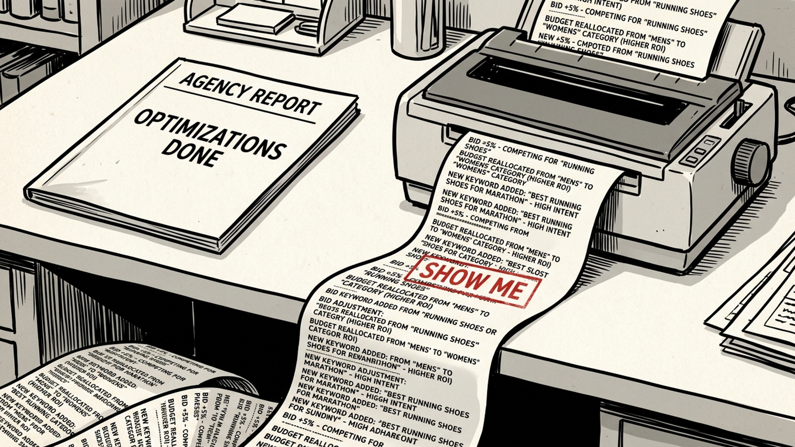 Cartoon receipt printer spilling an itemized action log over a vague agency report