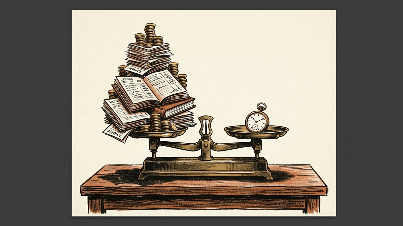 An editorial lithograph of a balance scale with a towering stack of billing statements beside an unchanged brass pocket watch.