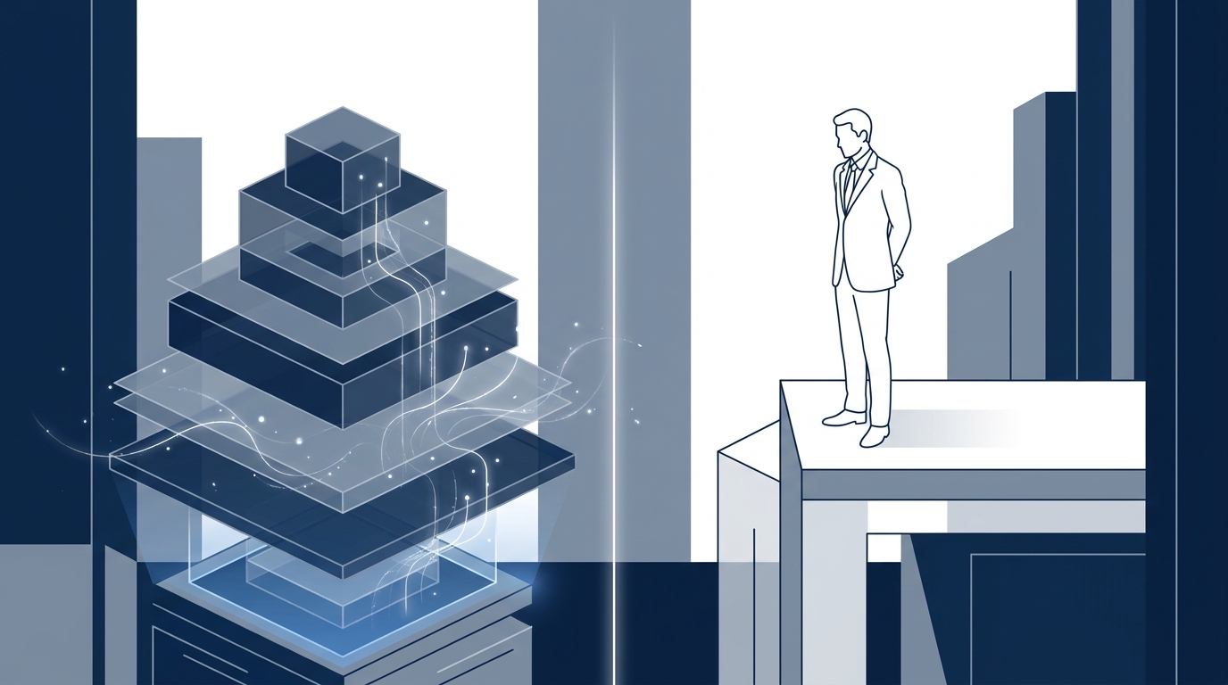A split-field editorial illustration contrasting automated AI campaign layers with a human strategist overseeing the full operation, rendered in cool blues and sharp whites.