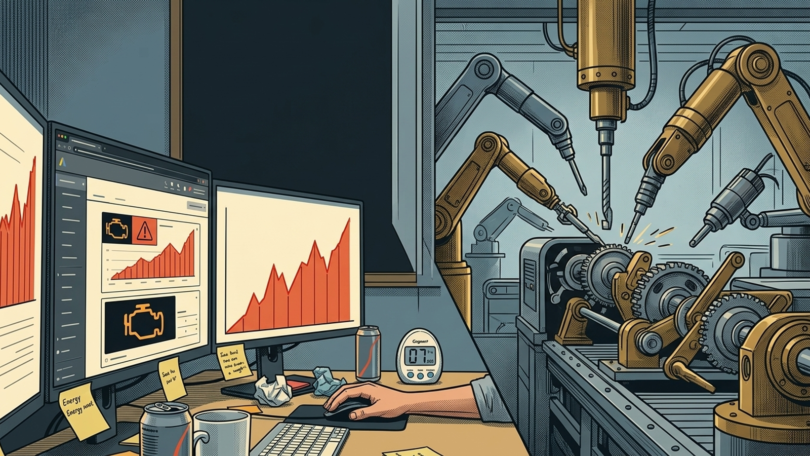 A person studies diagnostic screens while robotic arms repair machinery