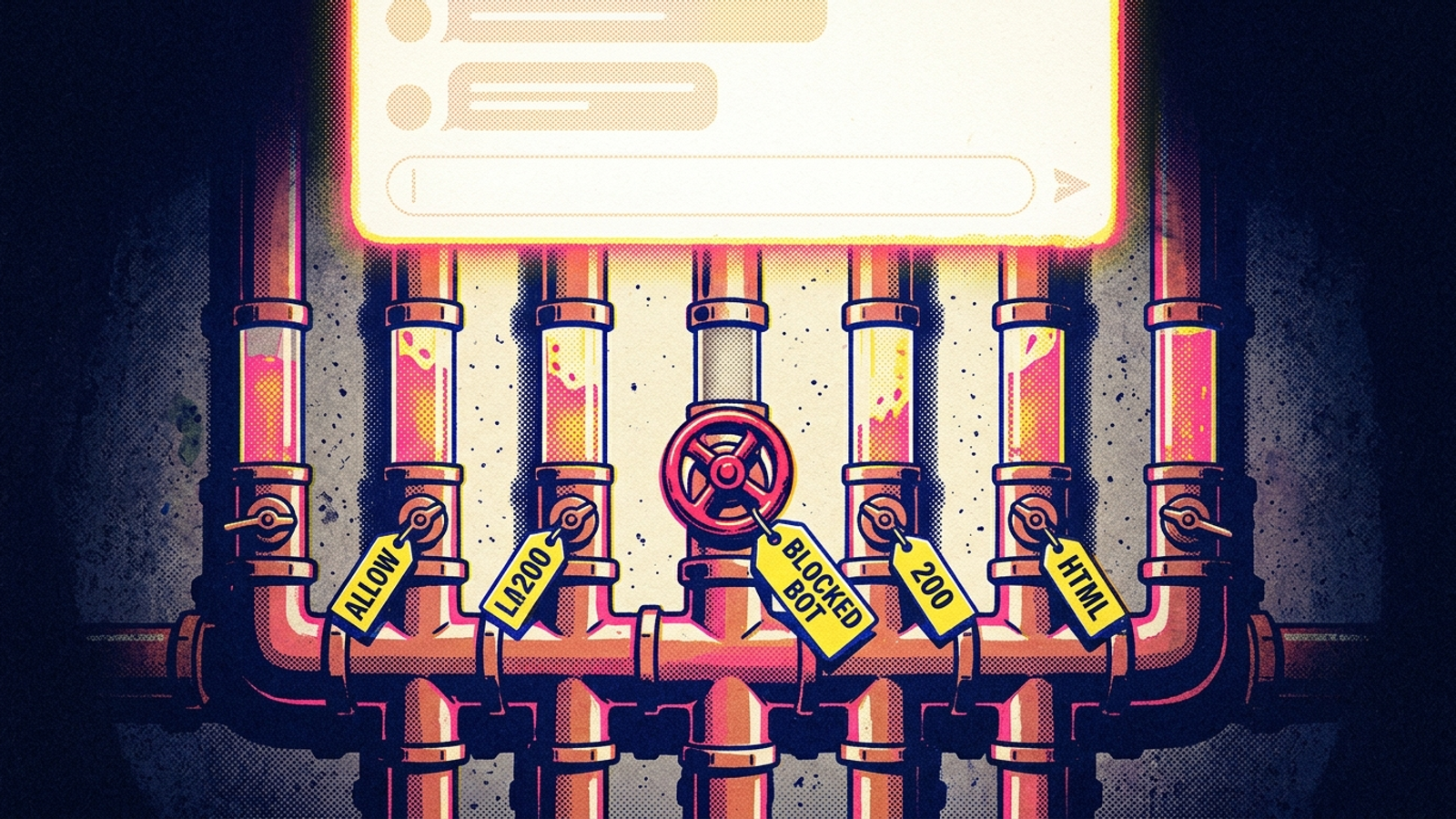 Pipes feeding a chatbot answer box, with one valve shut