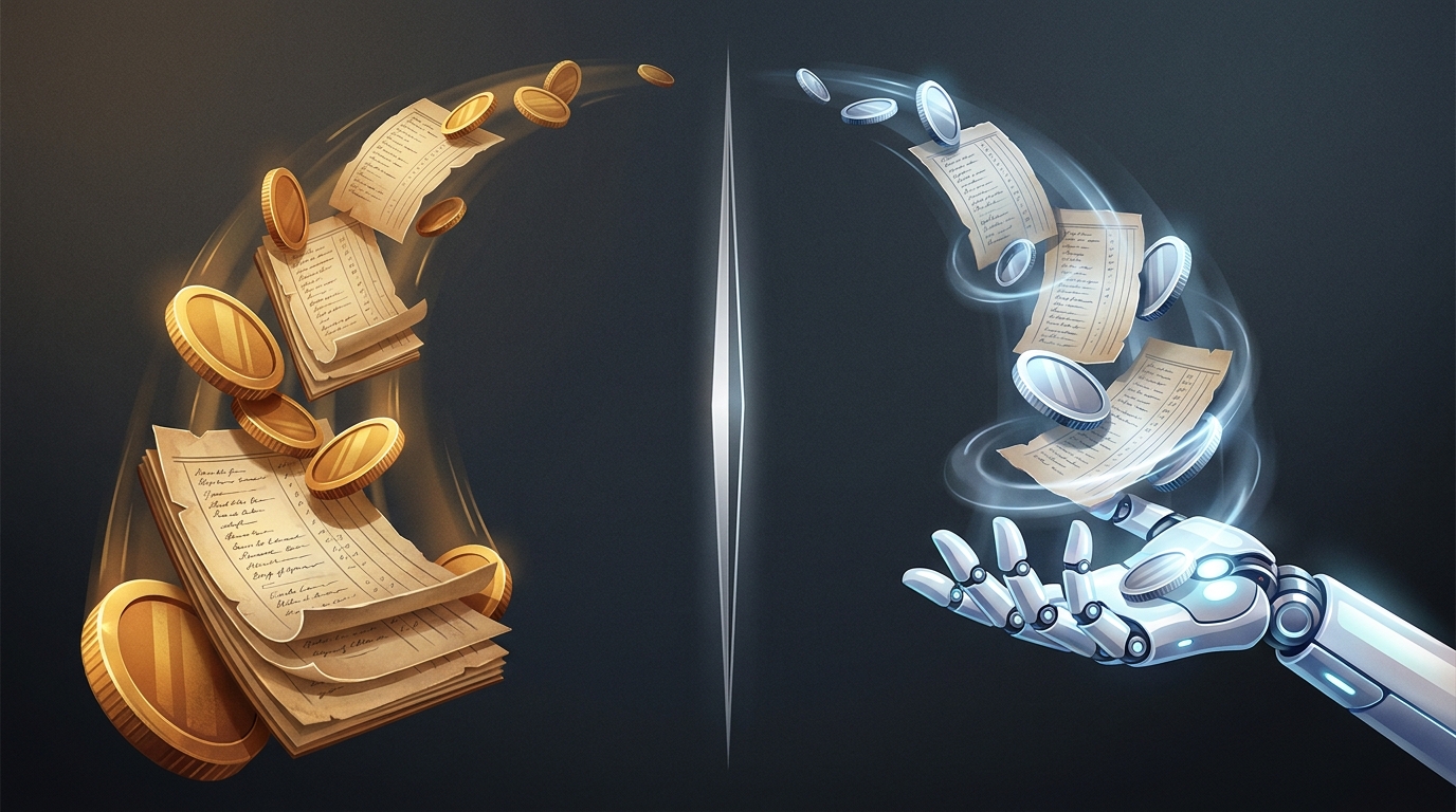 A split scene showing lavish gold coins pouring into one side versus a sleek minimal robotic arm doing the same work on the other, symbolizing pricing arbitrage