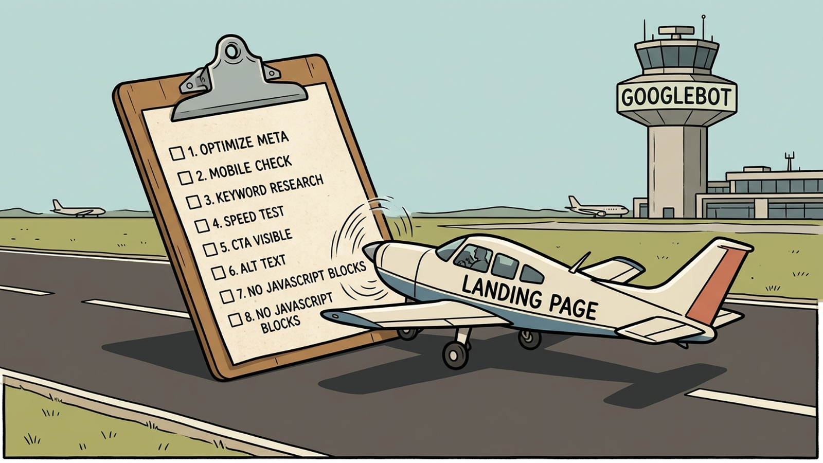 Illustrated pre-flight checklist beside a landing page