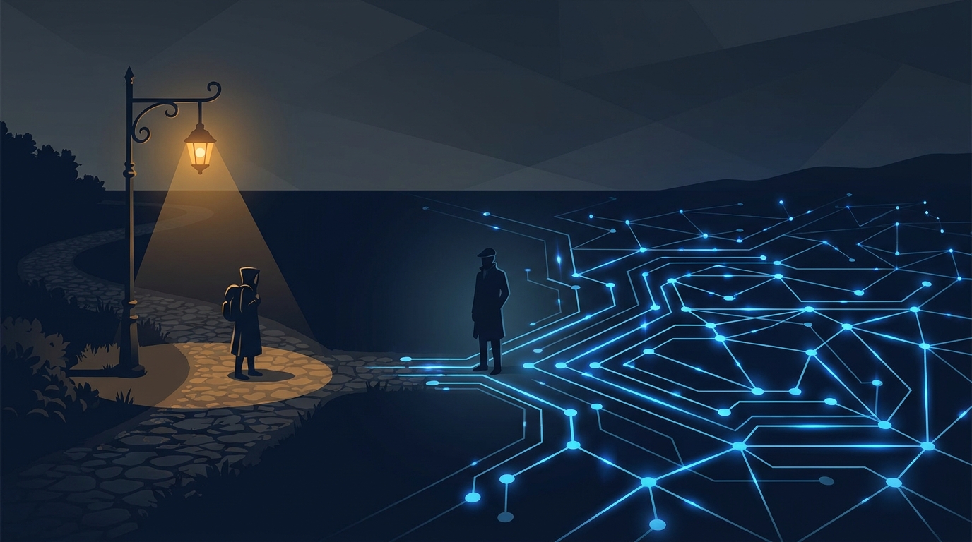 Two contrasting paths diverge: one lit by a single advisory lamp, the other by a network of interconnected bright nodes running autonomously through the night