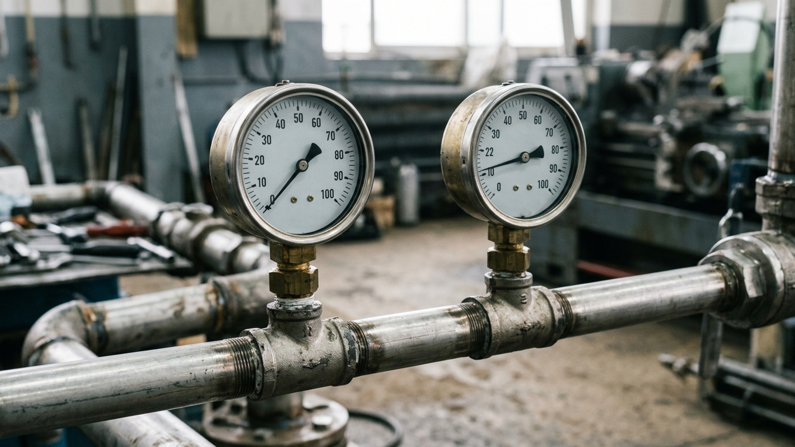 Two pressure gauges on the same pipe displaying contradictory readings.
