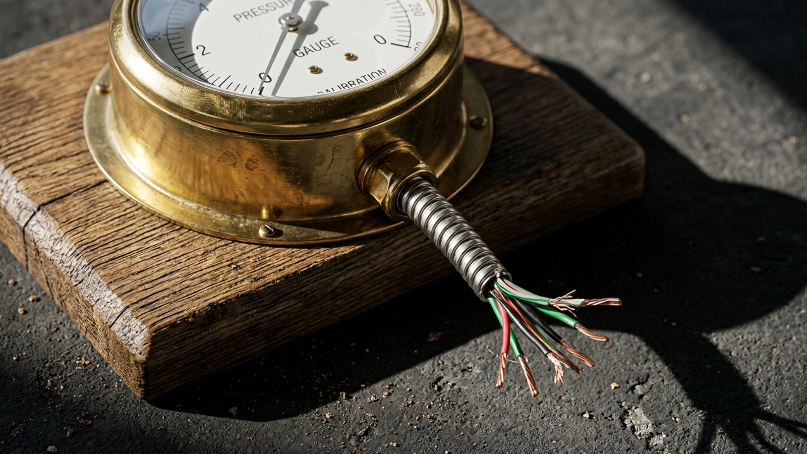 A brass monitoring gauge on a workbench, its control cable severed.