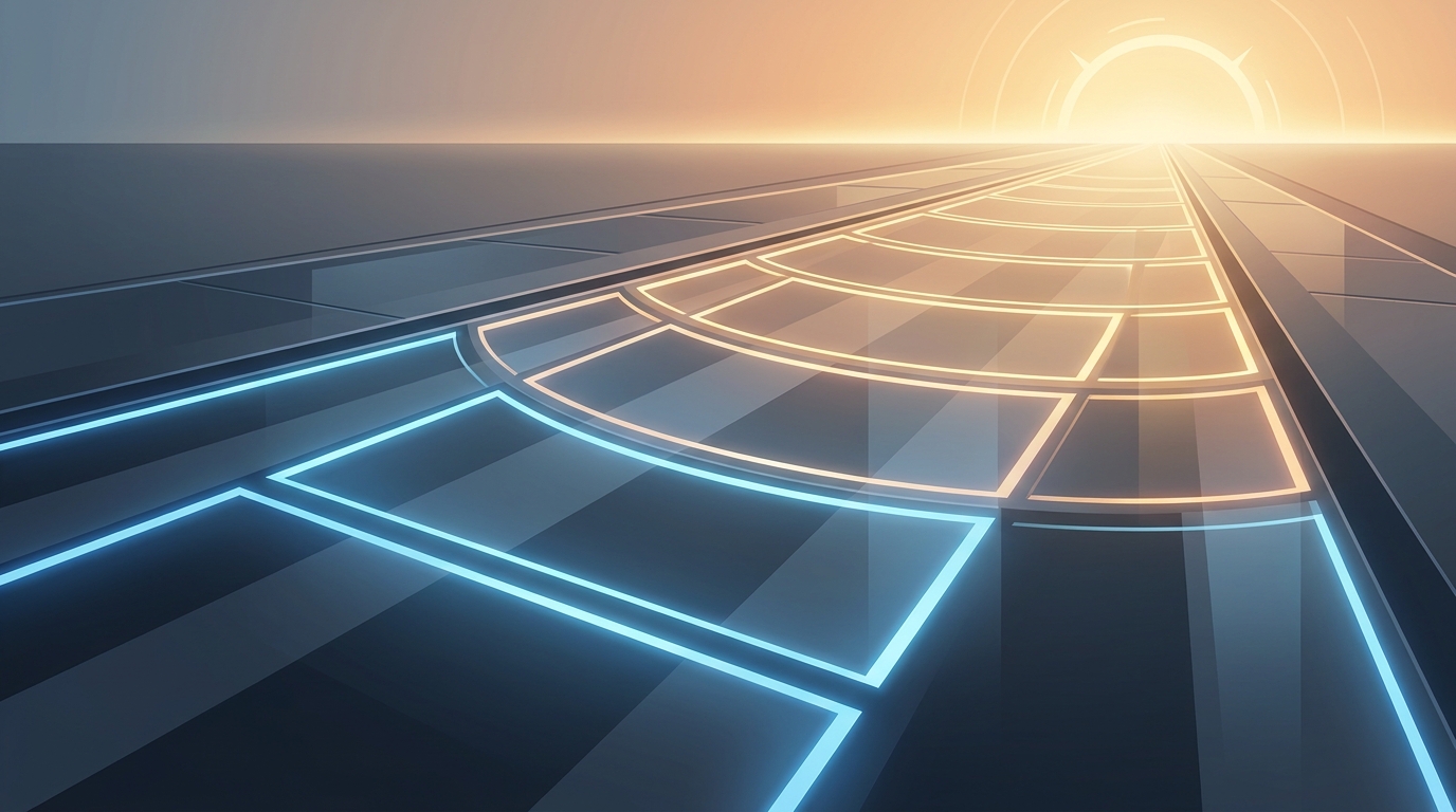 A structured timeline runway stretching toward a bright horizon, representing a phased Google Ads campaign launch schedule over the critical first weeks.