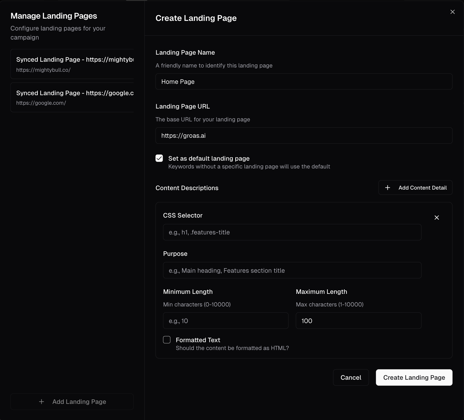Groas interface showing the Manage Landing Pages button in the top right.
