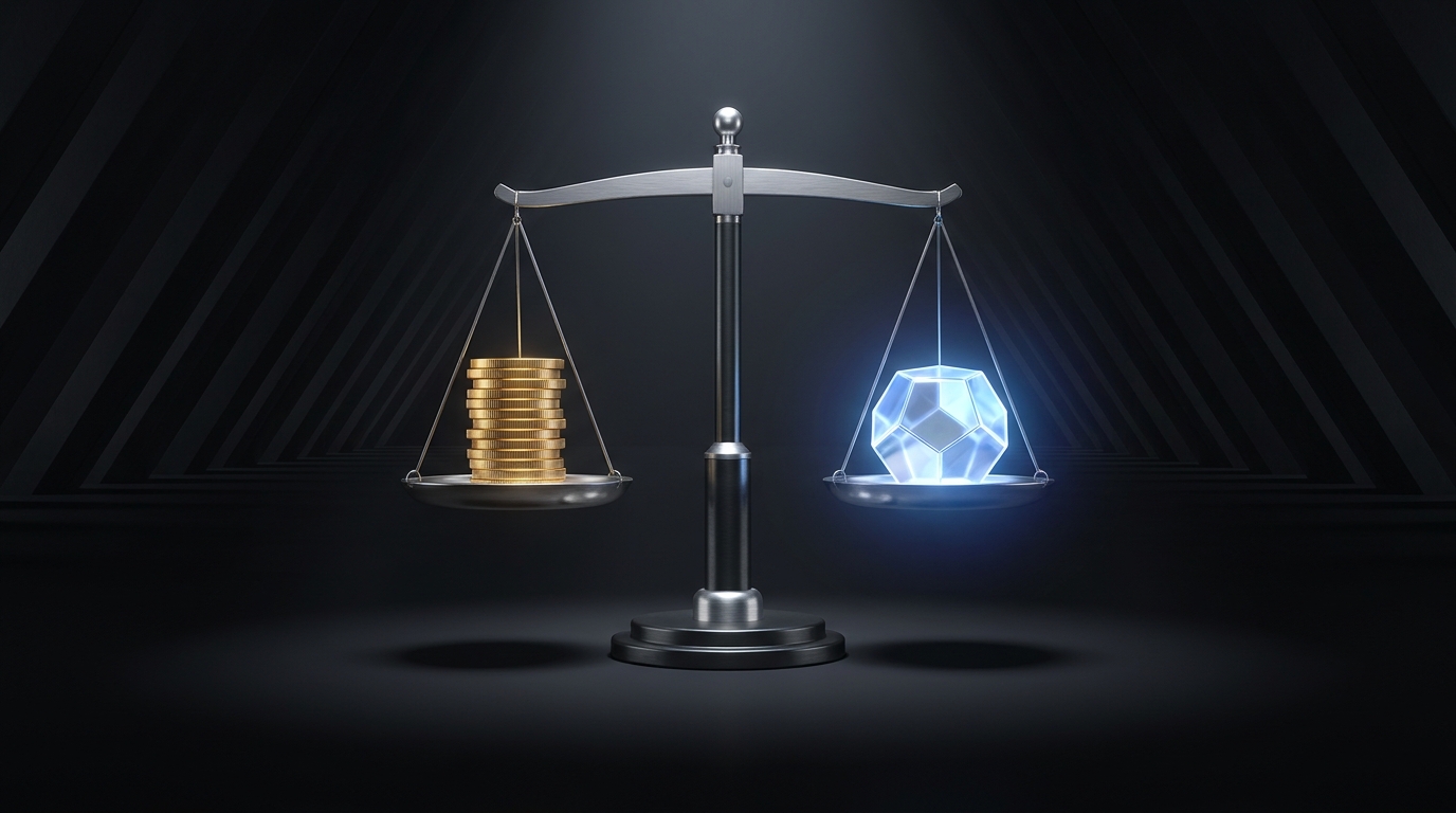 A sleek scale balancing stacked coins against a glowing geometric form, symbolizing cost comparison and value in Google Ads agency pricing.