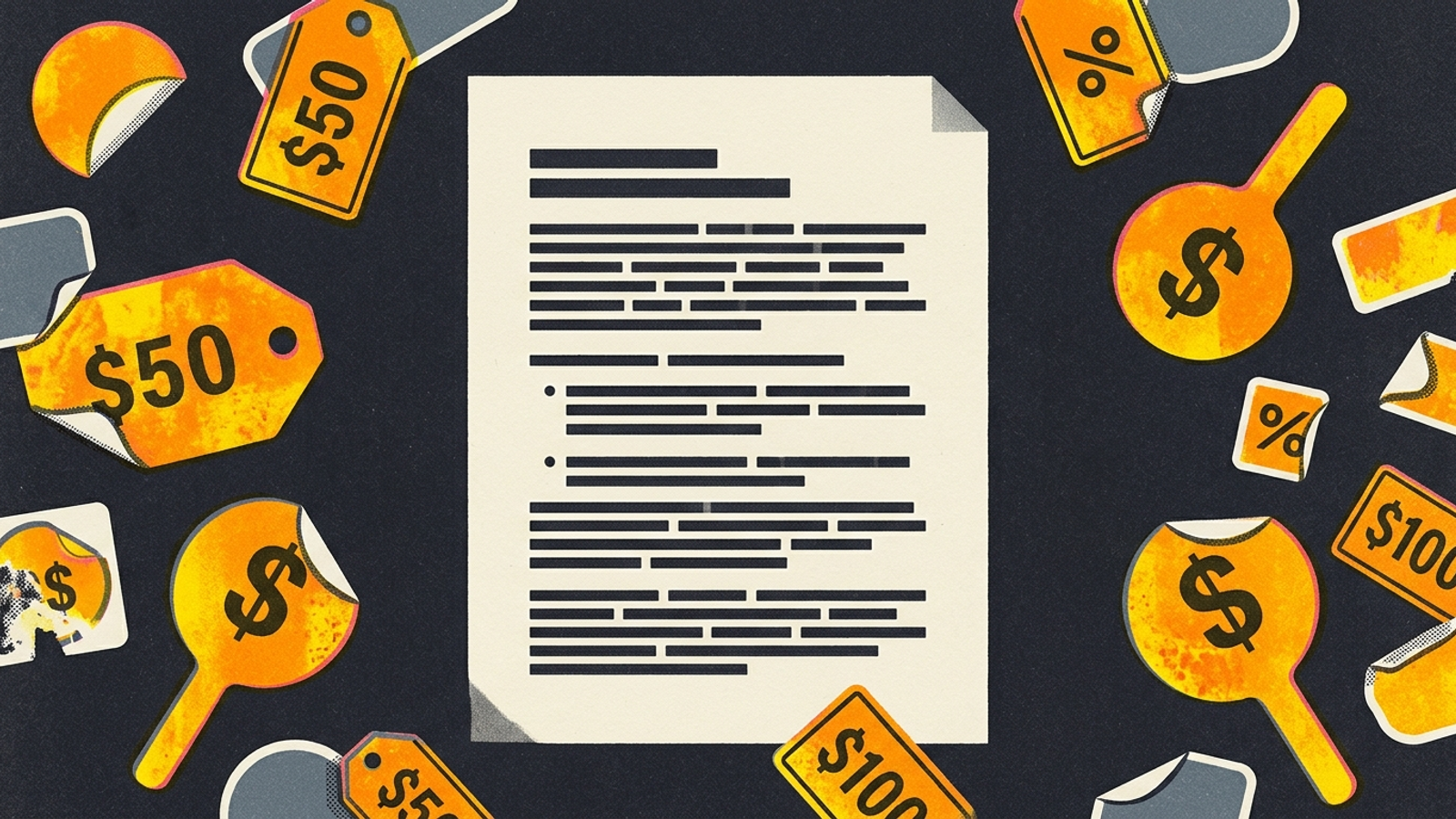 A typed document surrounded by price tags and auction paddles.
