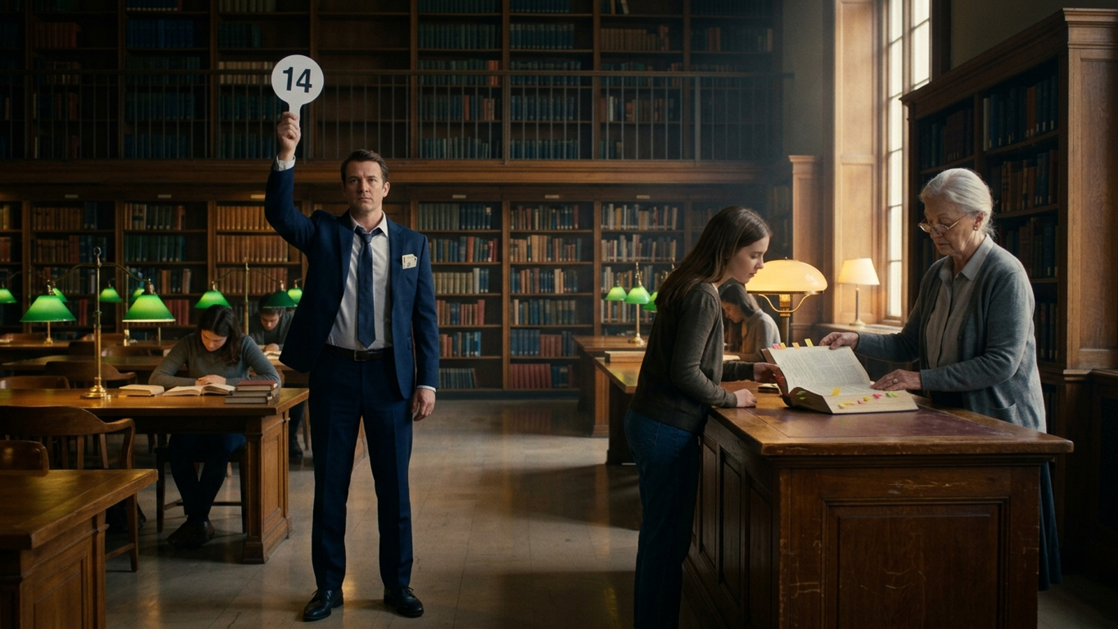 A suited man raises an auction paddle in a silent library while the librarian ignores him and hands a book to a reader: you can't bid for a citation.