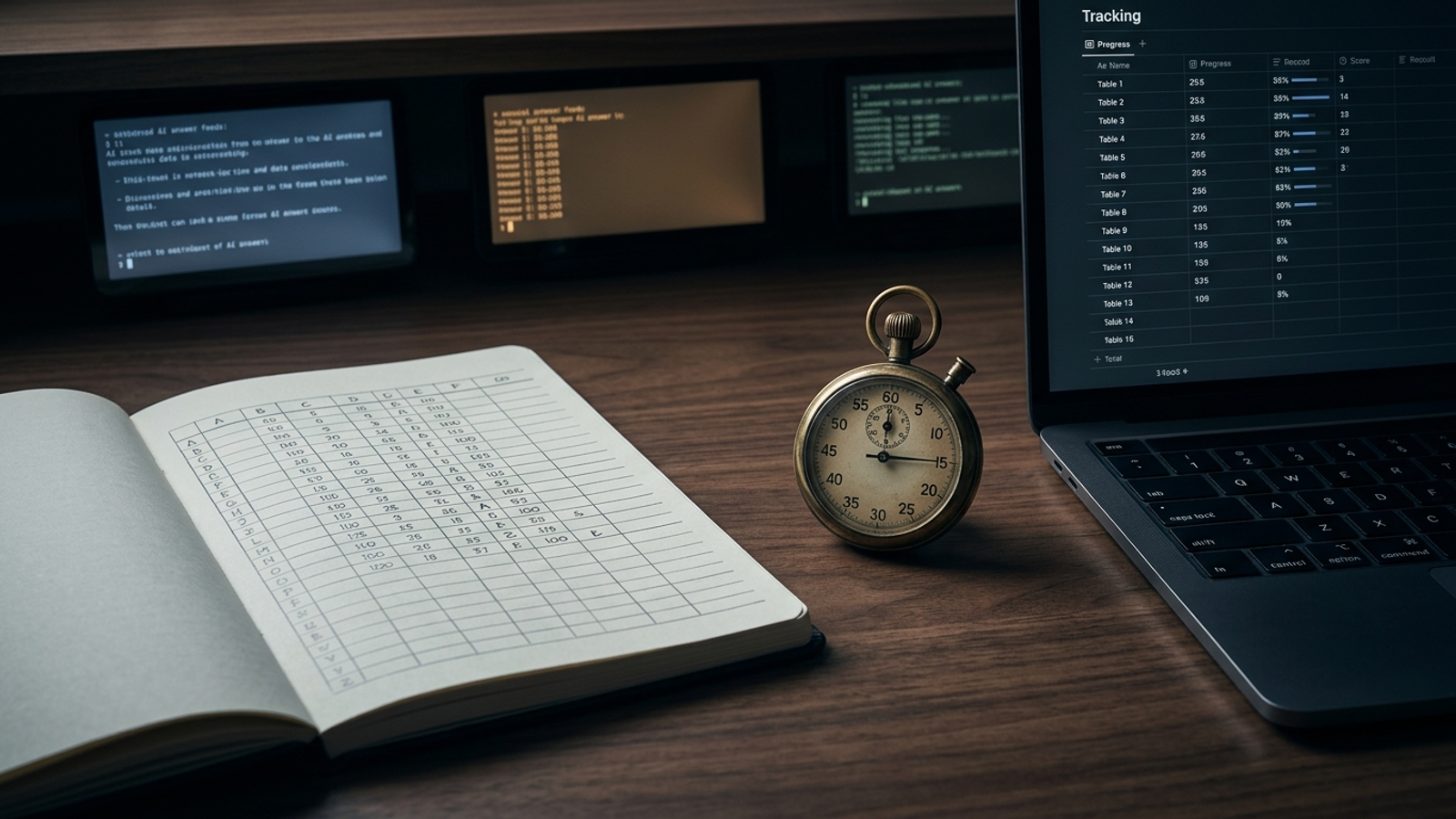 An open tracking spreadsheet beside screens for ChatGPT, Perplexity, and search results.
