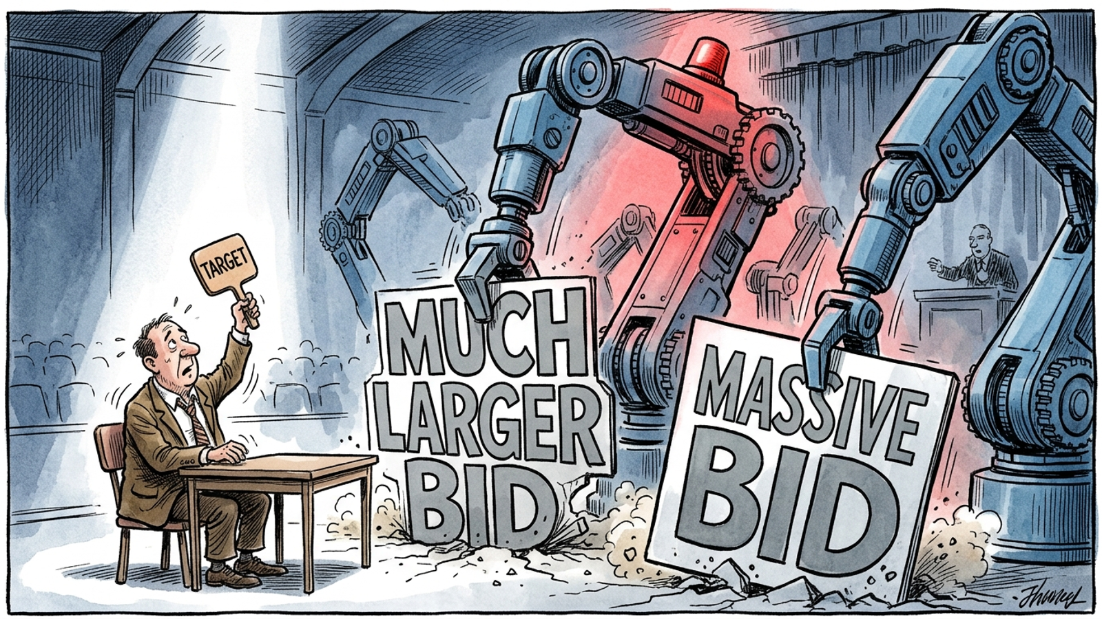Cartoon of advertiser holding tiny Target paddle while giant automated bidder arms outbid around him