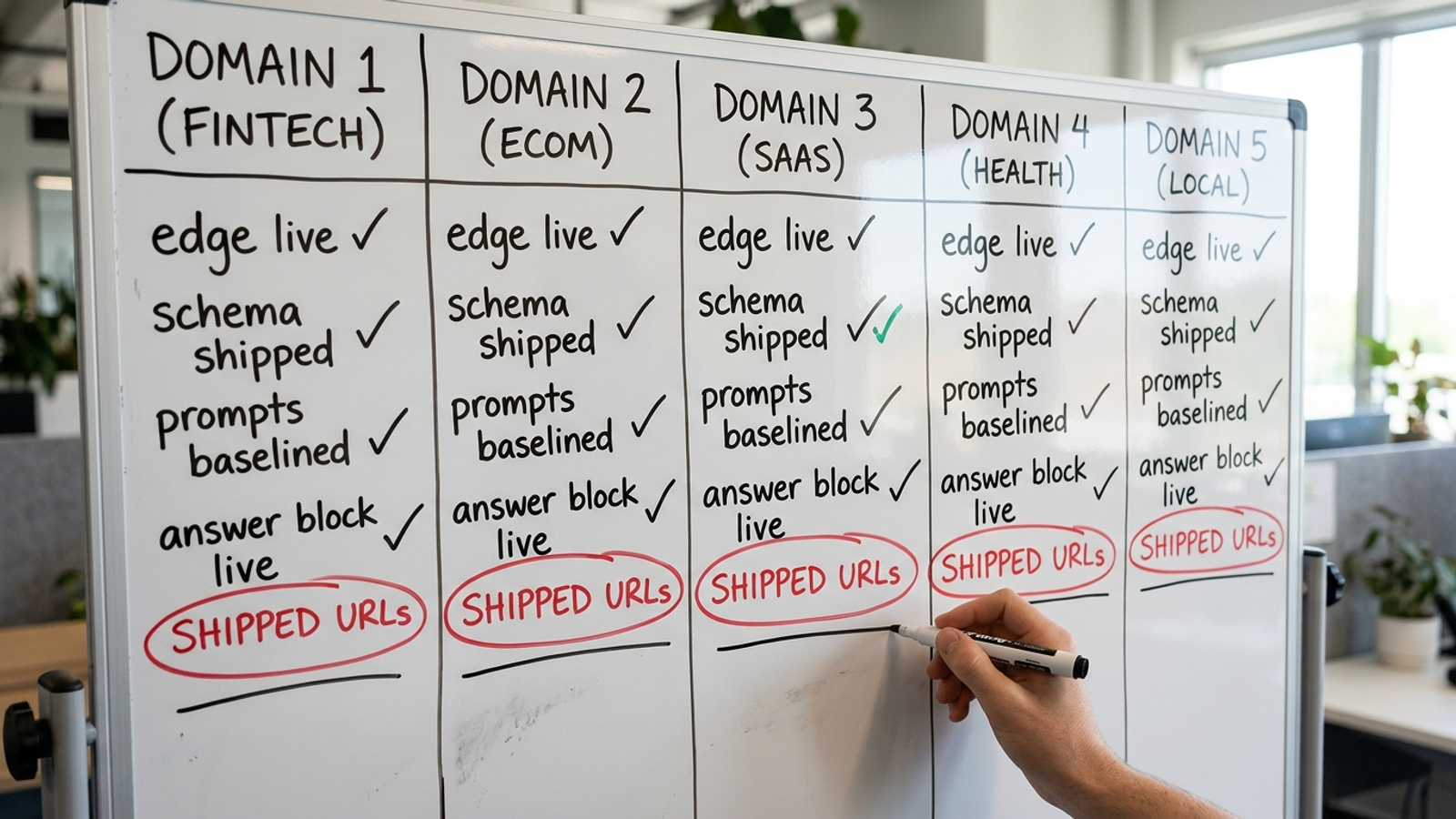 Whiteboard checklist showing shipped AEO work per client domain before scores