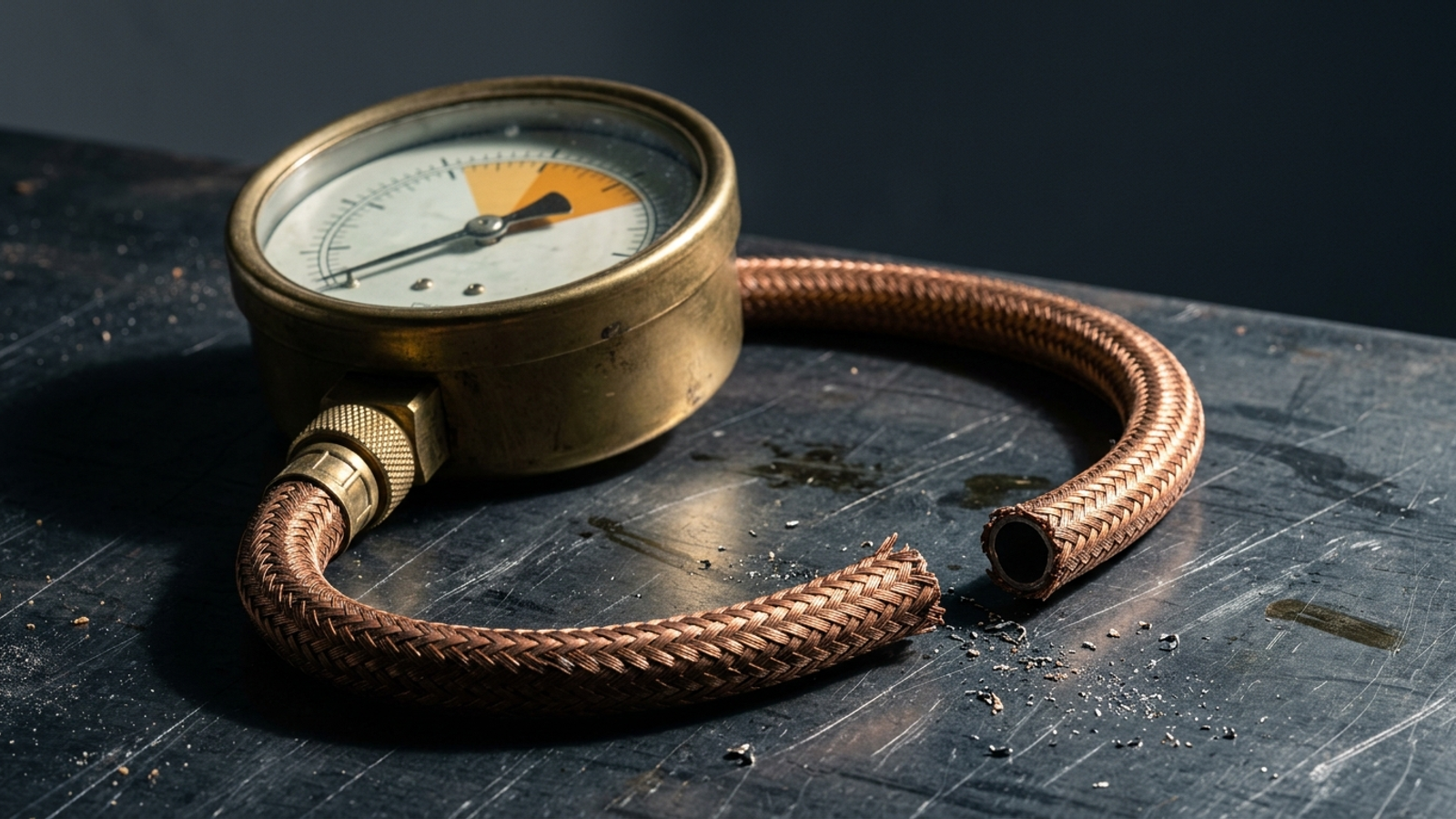 A diagnostic pressure gauge on a workbench with its input tube disconnected.